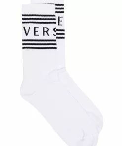 Versace white and black logo stripe intarsia cotton blend socks