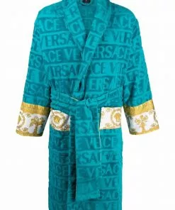 Versace logo-stripe towelling robe