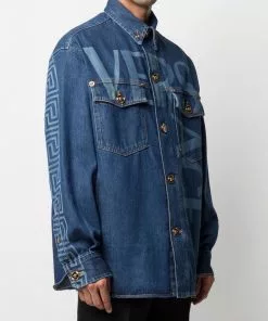 Versace Greca logo lettering denim jacket 9 Versace Greca logo-lettering denim jacket