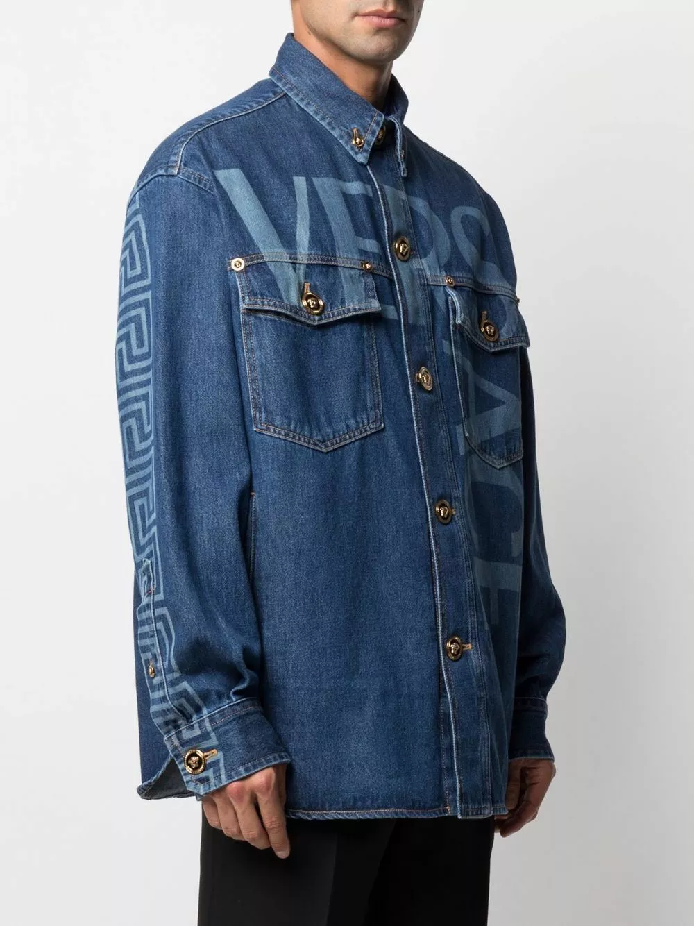 Versace Greca logo lettering denim jacket 5 Versace Greca logo-lettering denim jacket