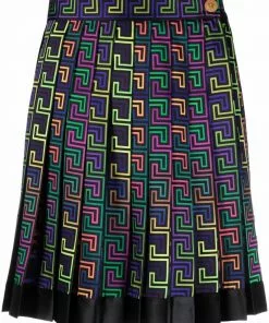 Versace Greca Neon-print pleated skirt
