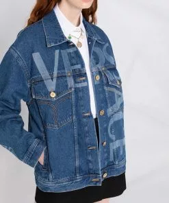 Versace Greca trim logo print denim jacket 21 Versace Greca-trim logo-print denim jacket