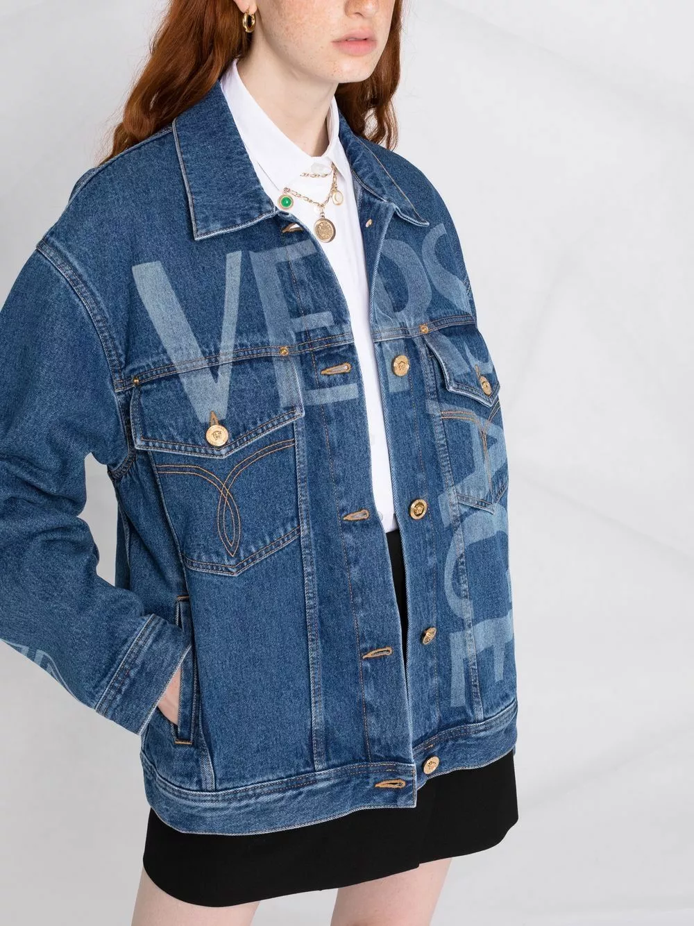 Versace Greca trim logo print denim jacket 11 Versace Greca-trim logo-print denim jacket