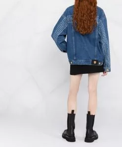 Versace Greca trim logo print denim jacket 23 Versace Greca-trim logo-print denim jacket