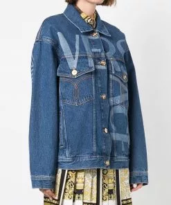 Versace Greca trim logo print denim jacket 18 Versace Greca-trim logo-print denim jacket