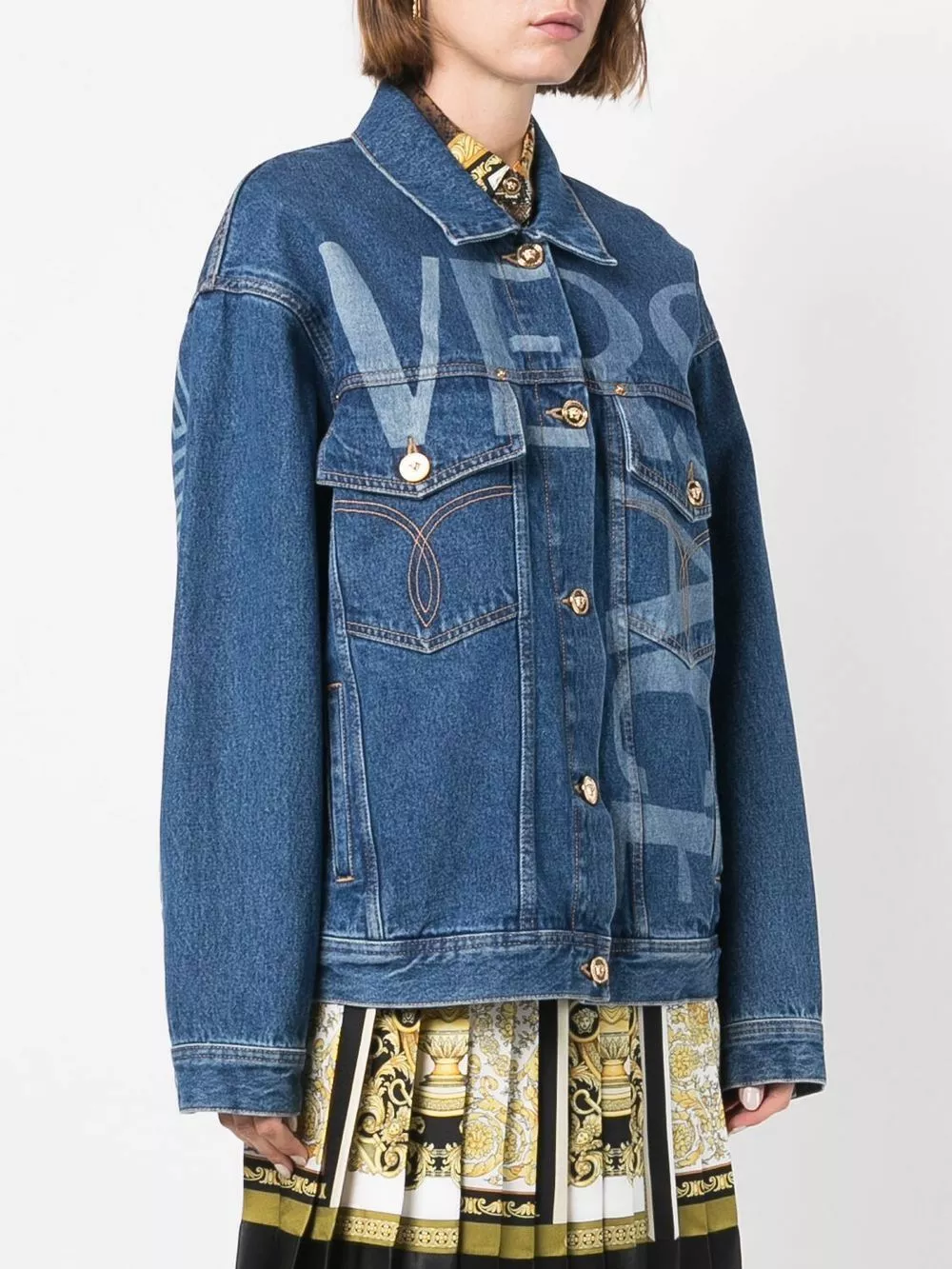 Versace Greca trim logo print denim jacket 8 Versace Greca-trim logo-print denim jacket