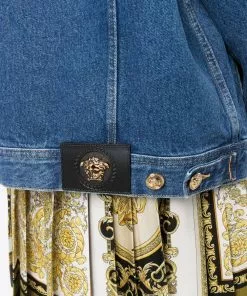Versace Greca trim logo print denim jacket 22 Versace Greca-trim logo-print denim jacket
