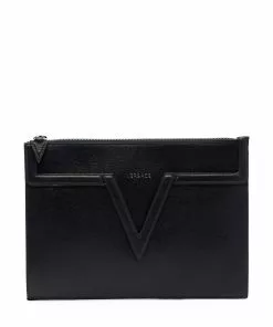 Versace V-detail leather clutch bag