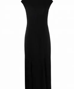 Versace high-neck cap-sleeve flared dress