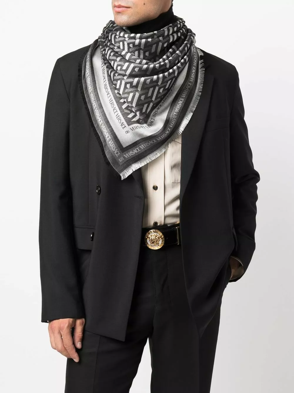 Versace Greca print frayed scarf 4 Versace Greca-print frayed scarf