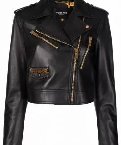 Versace logo-lining cropped biker jacket
