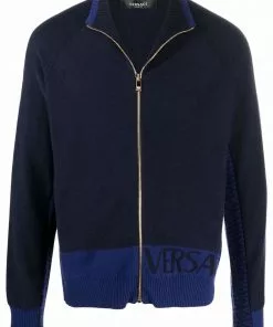 Versace logo-jacquard zipped cardigan